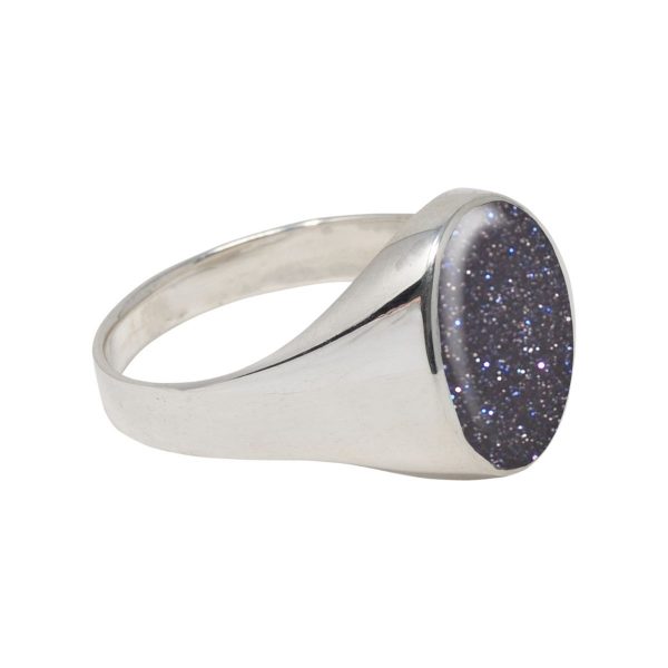 White Gold Blue Goldstone Oval Signet Ring