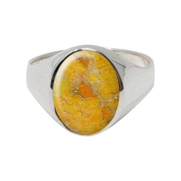 White Gold Bumblebee Jasper Oval Signet Ring