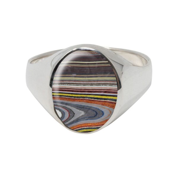 White Gold Fordite Oval Signet Ring