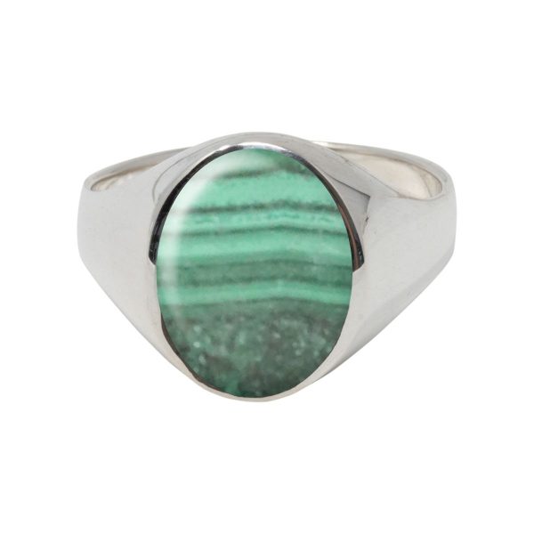 White Gold Malachite Oval Signet Ring