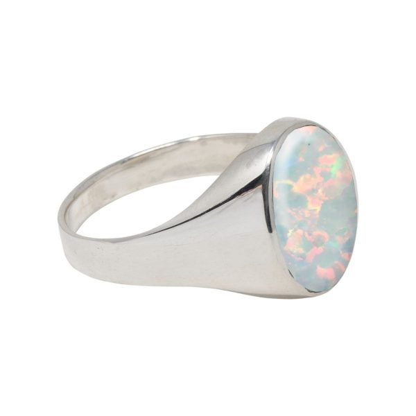 White Gold Opalite Sun Ice Oval Signet Ring