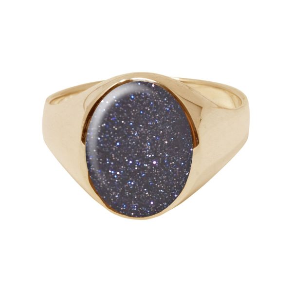 Yellow Gold Blue Goldstone Oval Signet Ring