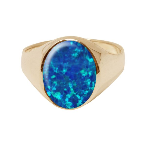 Yellow Gold Opalite Cobalt Blue Oval Signet Ring