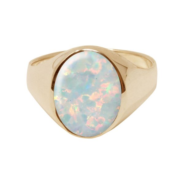 Yellow Gold Opalite Sun Ice Oval Signet Ring