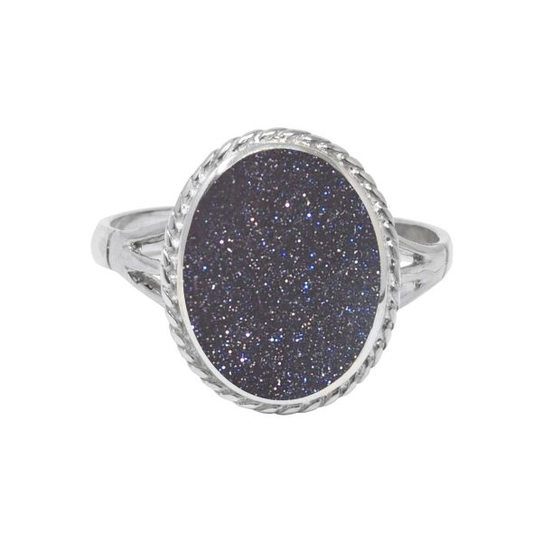 Silver Blue Goldstone Oval Rope Edge Ring