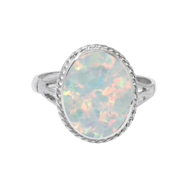 Silver Opalite Sun Ice Oval Rope Edge Ring