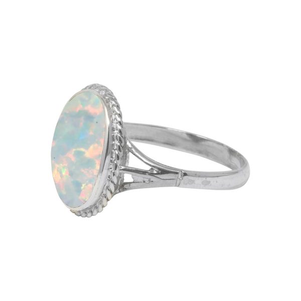 Silver Opalite Sun Ice Oval Rope Edge Ring