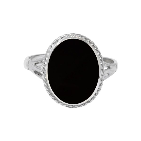 Silver Whitby Jet Oval Rope Edge Ring