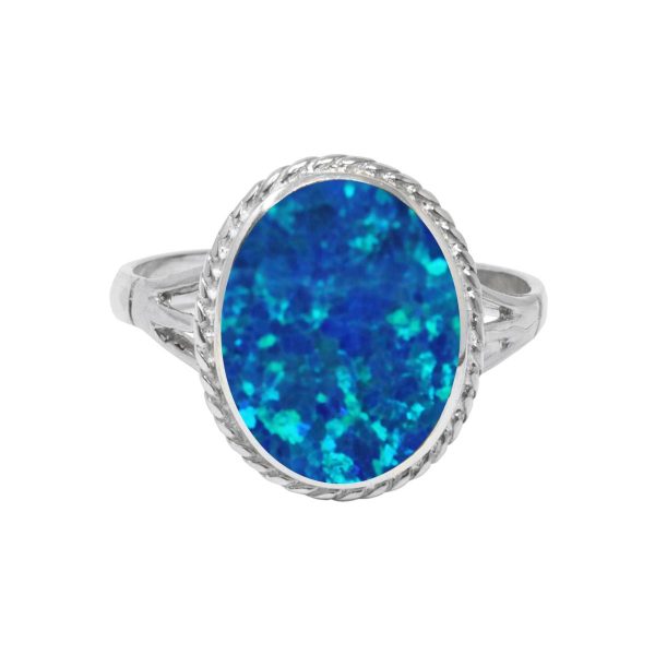 White Gold Opalite Cobalt Blue Oval Ring