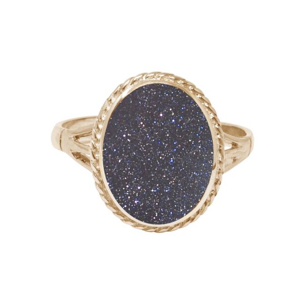 Yellow Gold Blue Goldstone Oval Rope Edge Ring