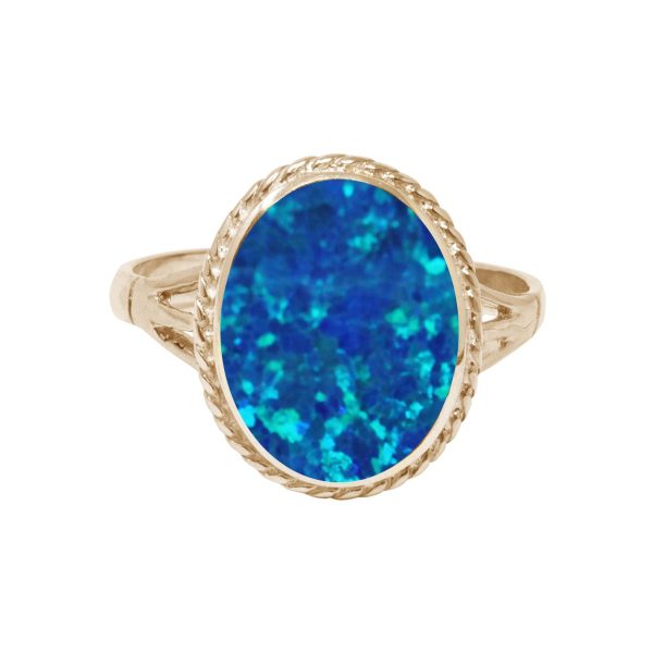 Yellow Gold Opalite Cobalt Blue Oval Rope Edge Ring