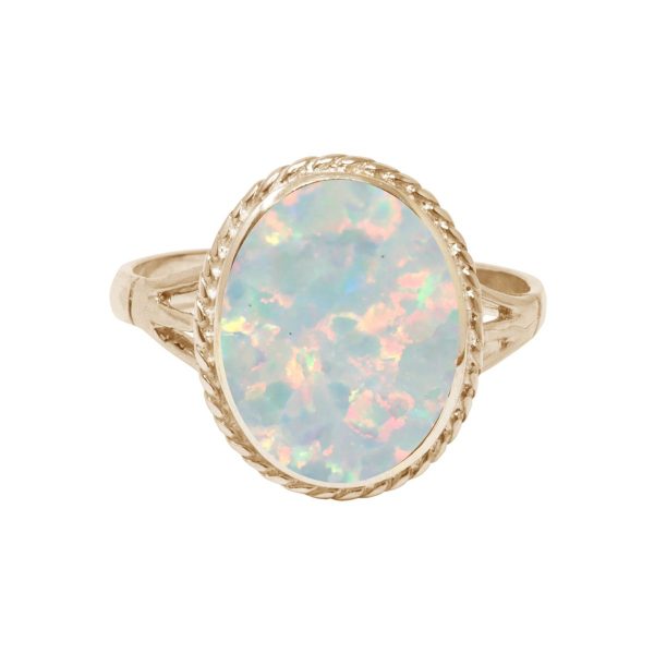 Yellow Gold Opalite Sun Ice Oval Rope Edge Ring