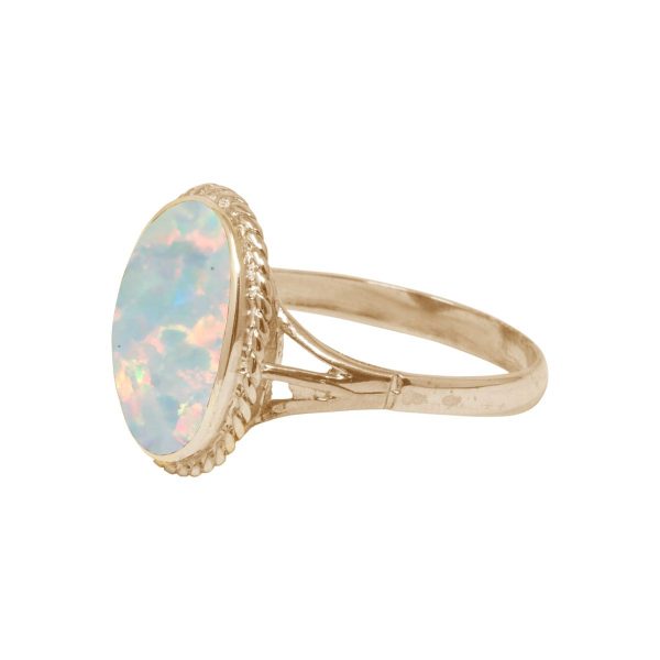 Yellow Gold Opalite Sun Ice Oval Rope Edge Ring