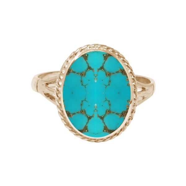 Yellow Gold Turquoise Oval Rope Edge Ring