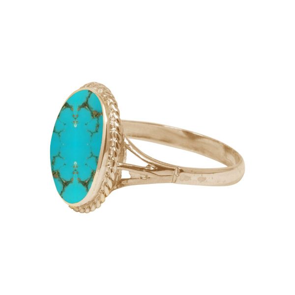 Yellow Gold Turquoise Oval Rope Edge Ring