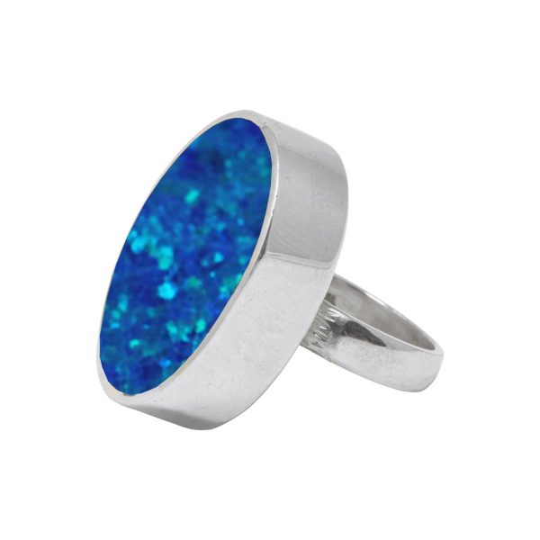 White Gold Opalite Cobalt Blue Oval Ring