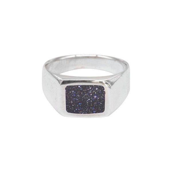 White Gold Blue Goldstone Square Signet Ring