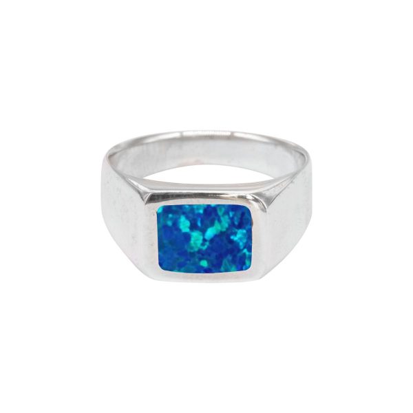 White Gold Opalite Cobalt Blue Square Signet Ring