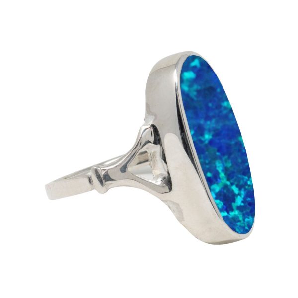 White Gold Opalite Cobalt Blue Oval Ring