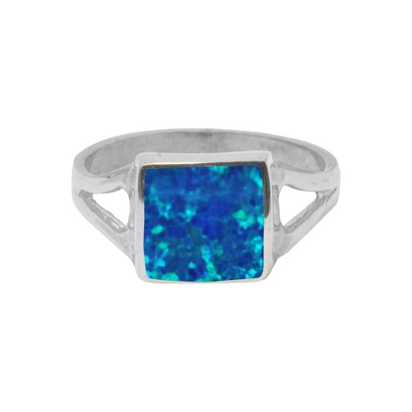 White Gold Opalite Cobalt Blue Square Ring