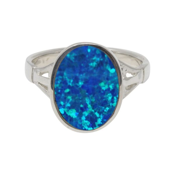 White Gold Opalite Cobalt Blue Oval Ring