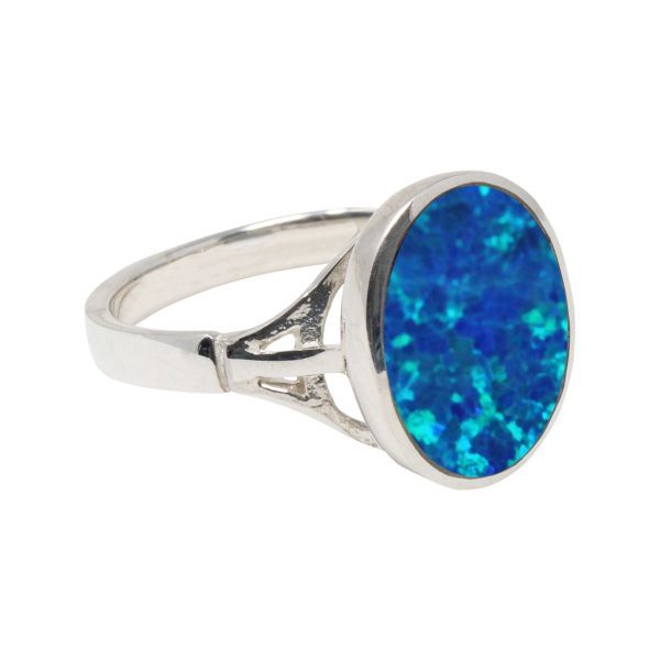 White Gold Opalite Cobalt Blue Oval Ring