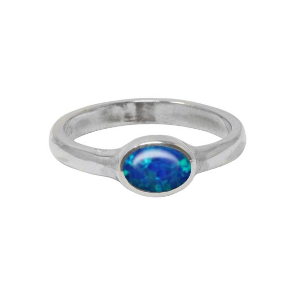 White Gold Opalite Cobalt Blue Oval Ring