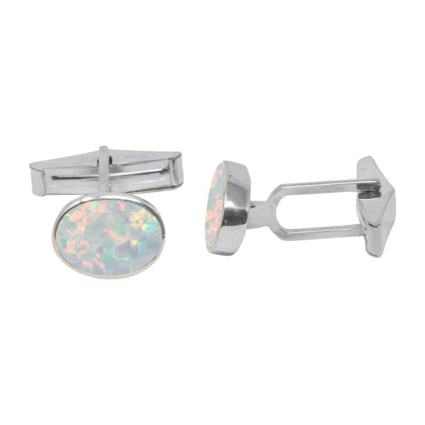 White Gold Opalite Sun Ice Oval Cufflinks