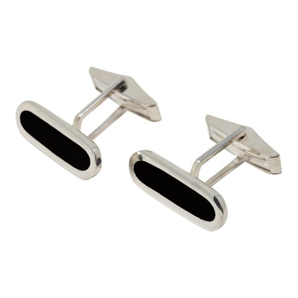 Silver Whitby Jet Long Oval Cufflinks