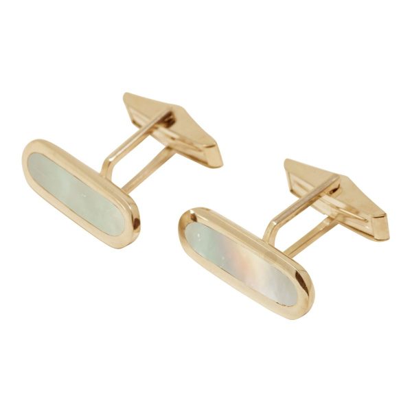 Yellow Gold Mother of Pearl Long Oval Cufflinks