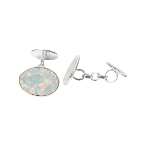 White Gold Opalite Sun Ice Oval Cufflinks