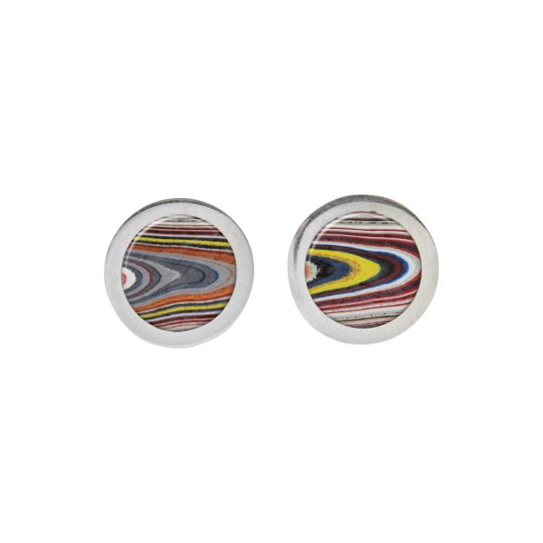 White Gold Fordite Round Stud Earrings