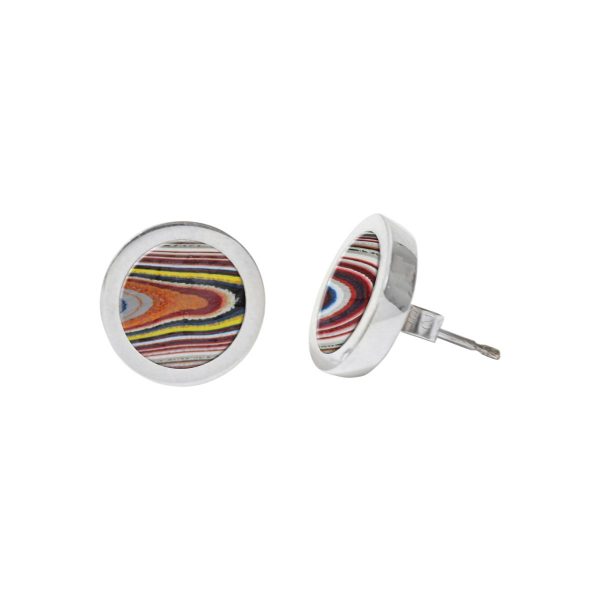 White Gold Fordite Round Stud Earrings