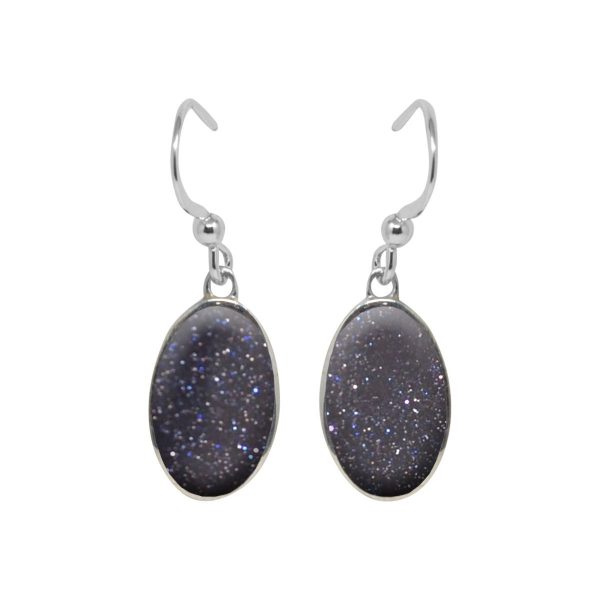 Silver Blue Goldstone Oval Drop Earrings