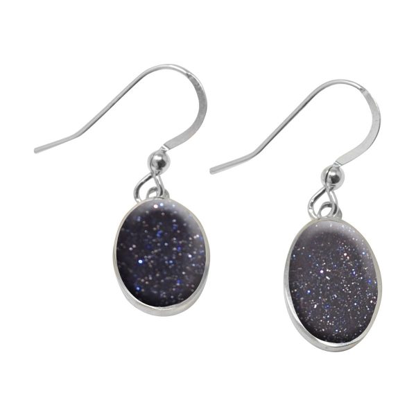 Silver Blue Goldstone Oval Drop Earrings