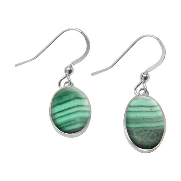 Silver Malachite Oval Drop Earrings