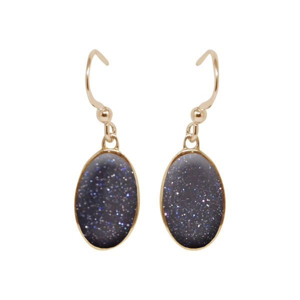 Yellow Gold Blue Goldstone Oval Drop Earrings