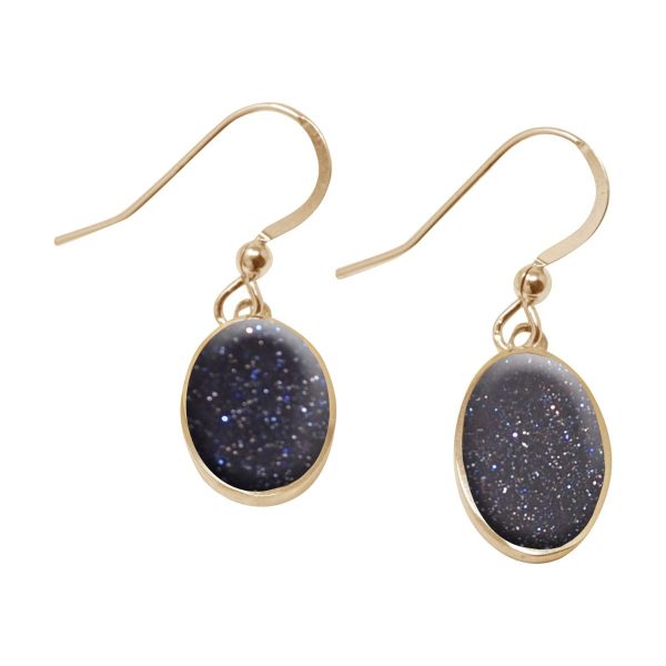 Yellow Gold Blue Goldstone Oval Drop Earrings