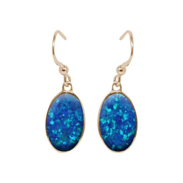 Yellow Gold Cobalt Blue Opalite Oval Drop Earrings