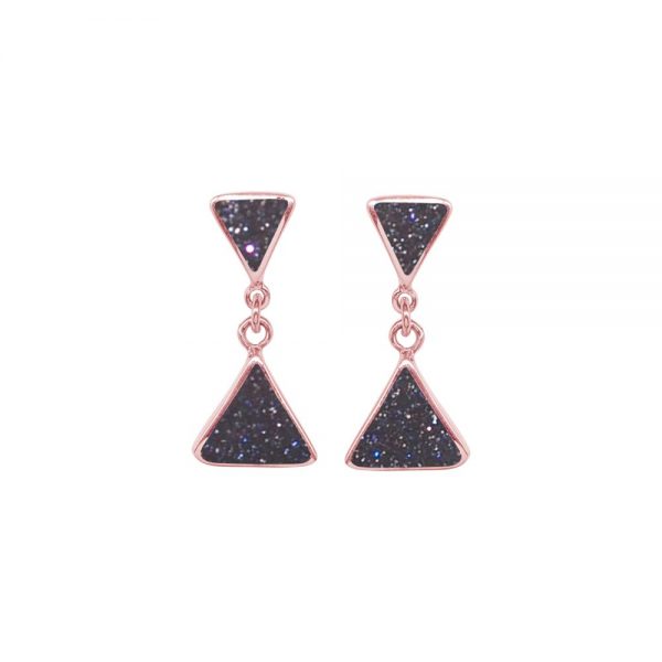 Rose Gold Blue Goldstone Triangular Double Drop Earrings