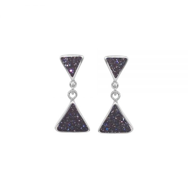 Silver Blue Goldstone Triangular Double Drop Earrings