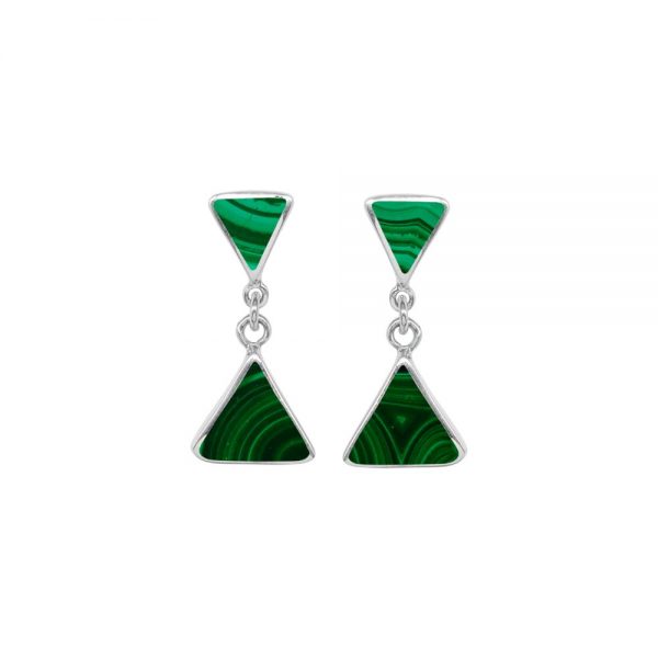 Silver Malachite Triangular Double Drop Earrings