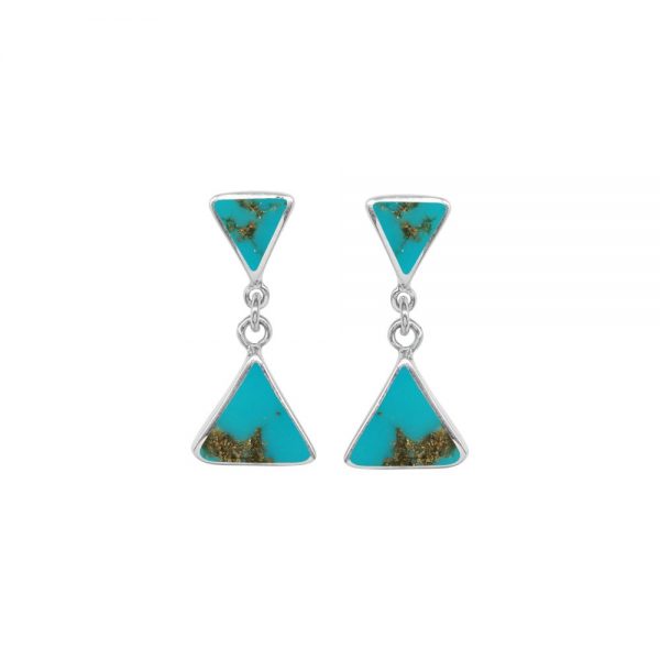 Silver Turquoise Triangular Double Drop Earrings