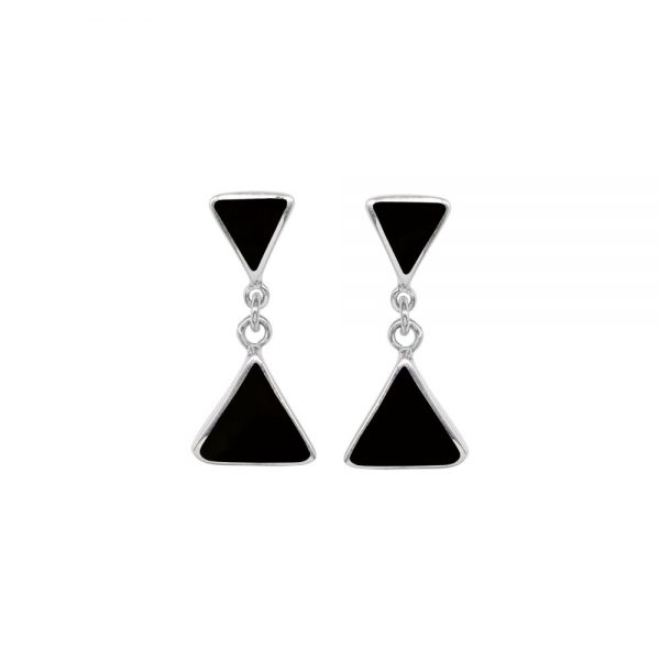 Silver Whitby Jet Triangular Double Drop Earrings