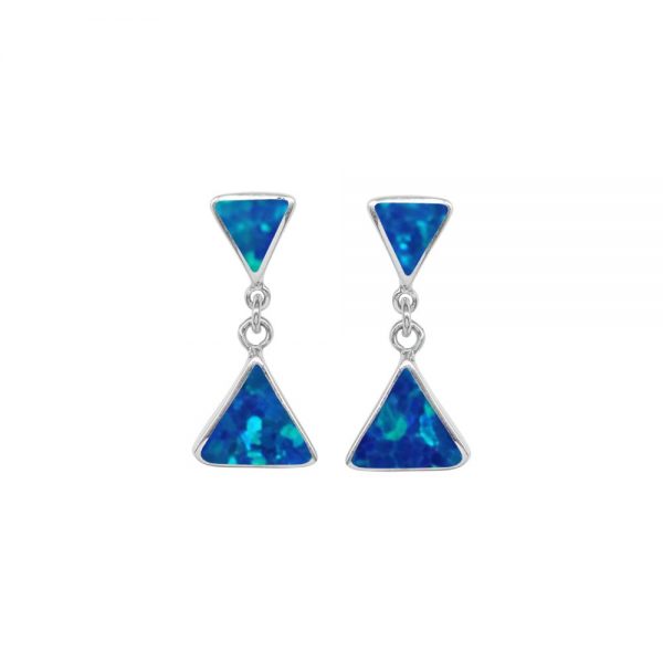 White Gold Opalite Cobalt Blue Triangular Double Drop Earrings