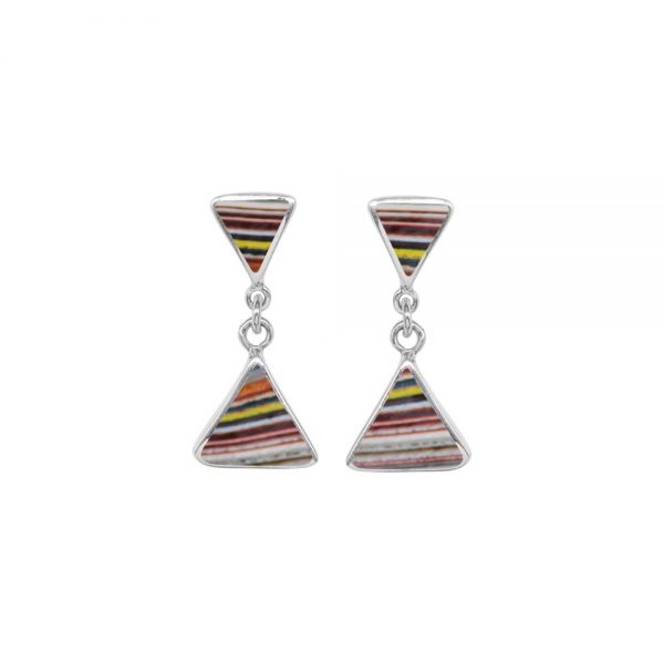 White Gold Fordite Triangular Double Drop Earrings