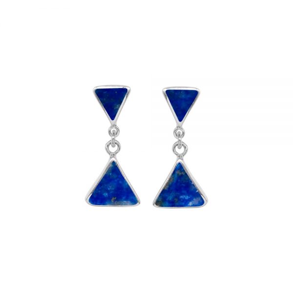 White Gold Lapis Triangular Double Drop Earrings