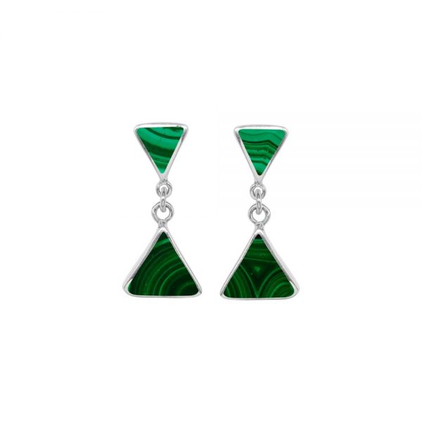 White Gold Malachite Triangular Double Drop Earrings