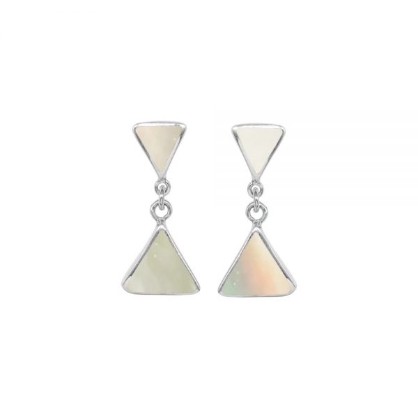 White Gold Mother of Pearl Triangular Double Drop Earrings