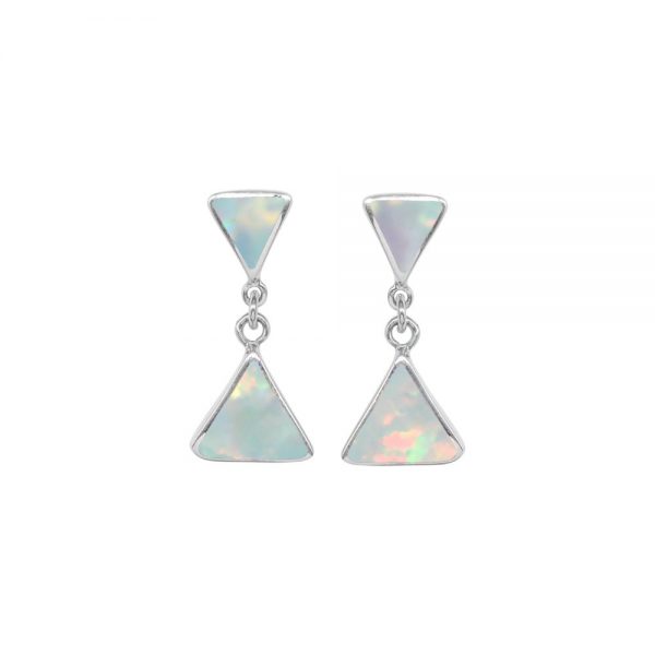 White Gold Opalite Sun Ice Triangular Double Drop Earrings